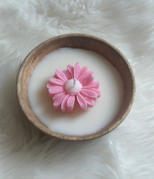 Bougie avec fleur- bol effet bois