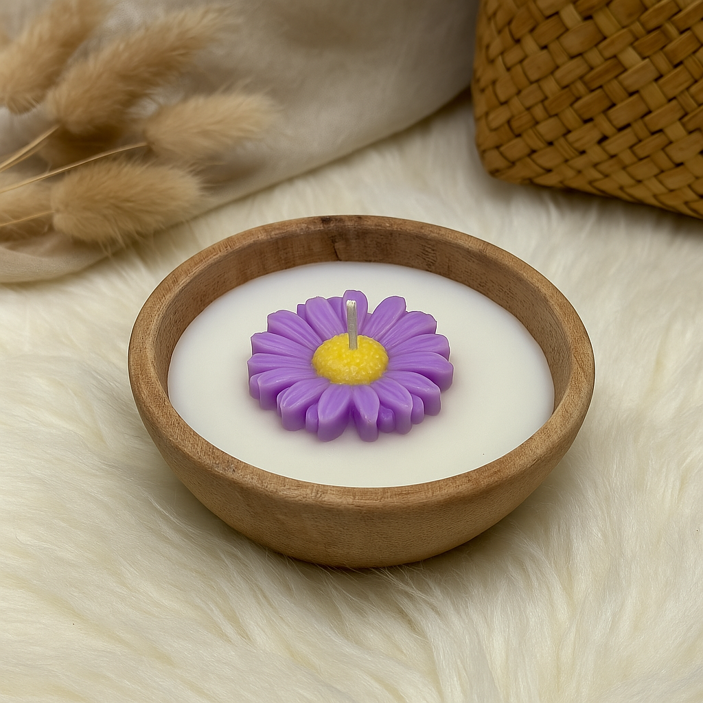 Bougie avec fleur- bol effet bois